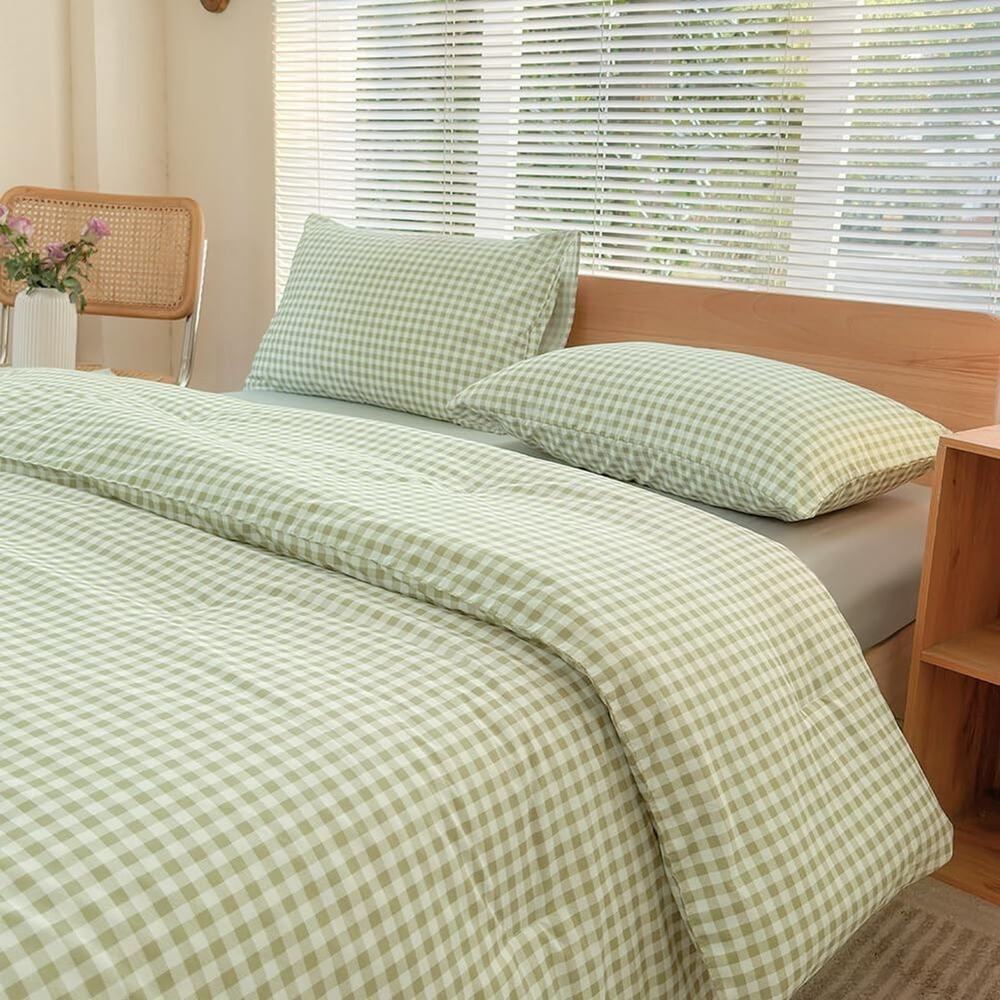 Twin Comforter Set, Light Green Gingham Bedding Sets, Blue Grid Bed Comforter